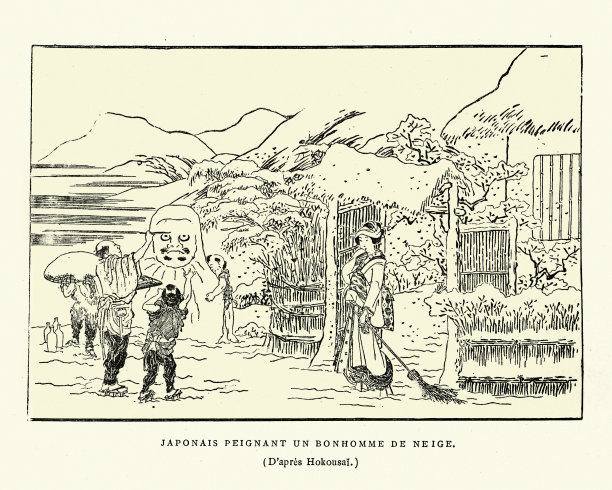 日本父亲和他的孩子们一起堆雪人，日本的艺术图片下载