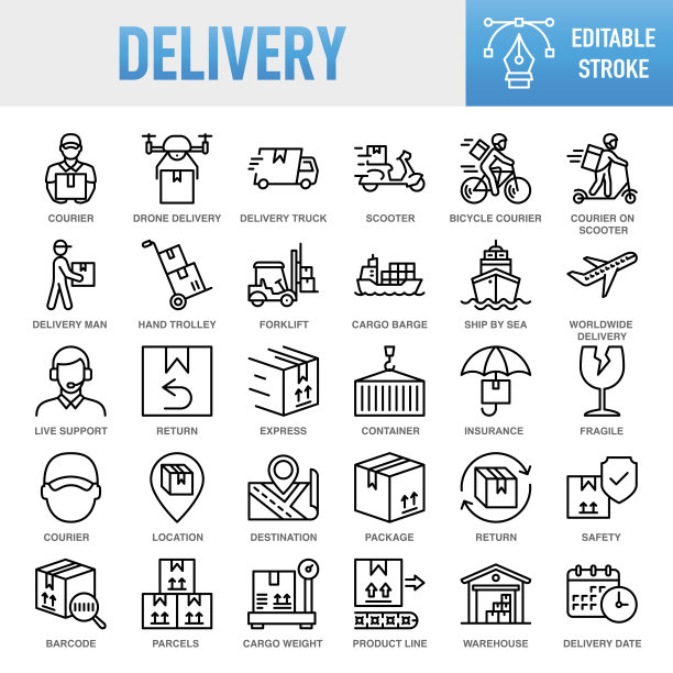 交付-细线矢量图标集。像素完美。可编辑的中风。移动和网络。该集合包含图标:电子商务，网上购物，送货，货运，航运，包装，速度，集装箱，箱子-集装箱，货物集装箱图片下载