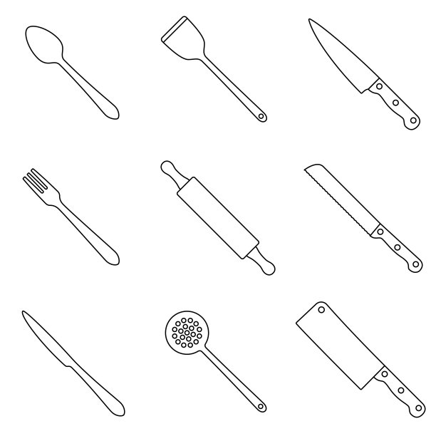 厨房用具设置平面可编辑的笔画图片下载