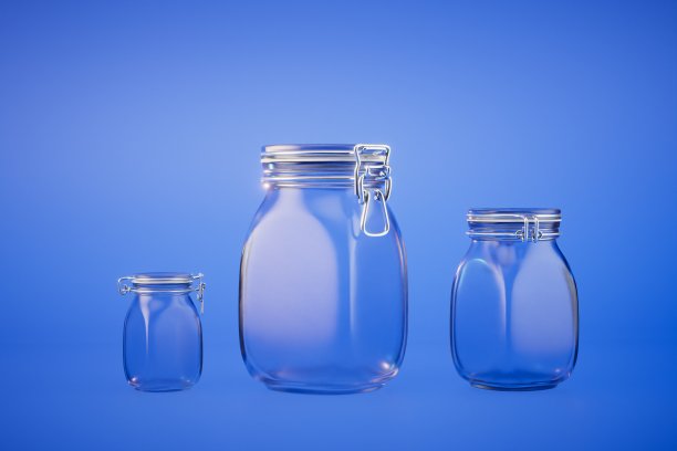 蓝色背景上不同大小的空玻璃瓶。三维渲染图片下载