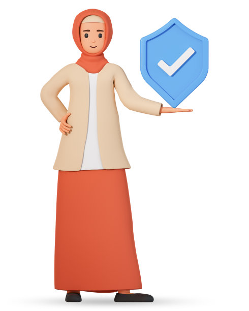 戴着头巾的穆斯林妇女手持白色背景上带有勾号的盾牌。穆斯林女孩在围巾与盾牌三维插图图片下载