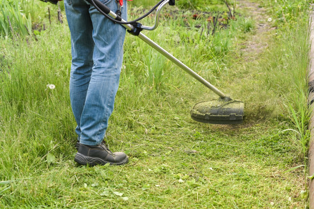 男子在城市公园或后院用电动或汽油草坪修剪机修剪高草。用手动割草机修剪草坪的过程。图片下载