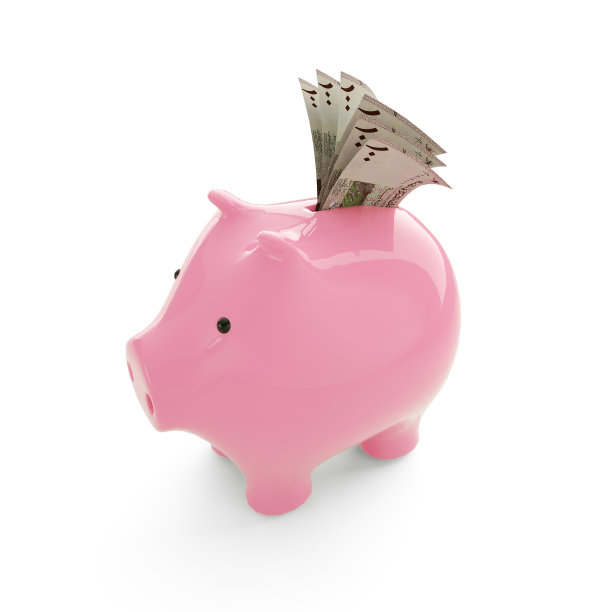 阿曼里亚尔纸币内粉红色的小猪储蓄罐，钱在小猪储蓄罐，储蓄概念，3d渲染图片下载