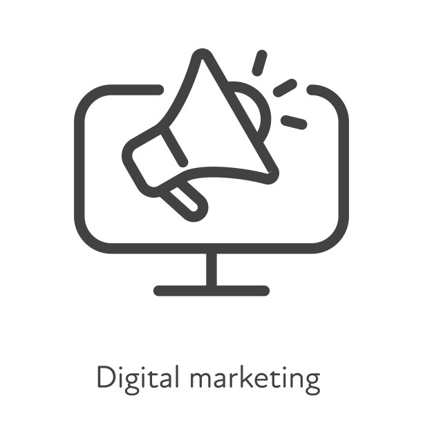 轮廓风格的ui图标硬技能收集。商业广告。矢量黑色线性图标说明。扩音器在电脑屏幕上的数字营销符号孤立在白色背景上。图片下载