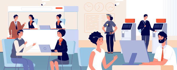 银行办公室的客户。现代金融服务部，面部身份识别。客户和银行信贷经理矢量图图片下载