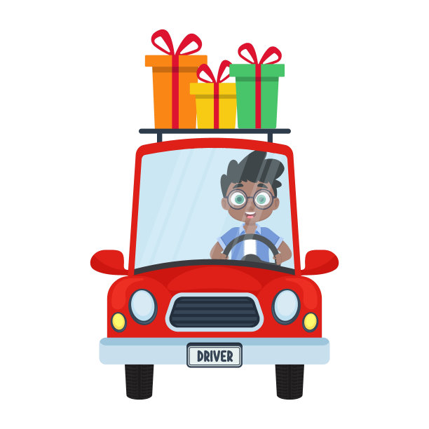 可爱的男孩带着礼物坐着车图片下载
