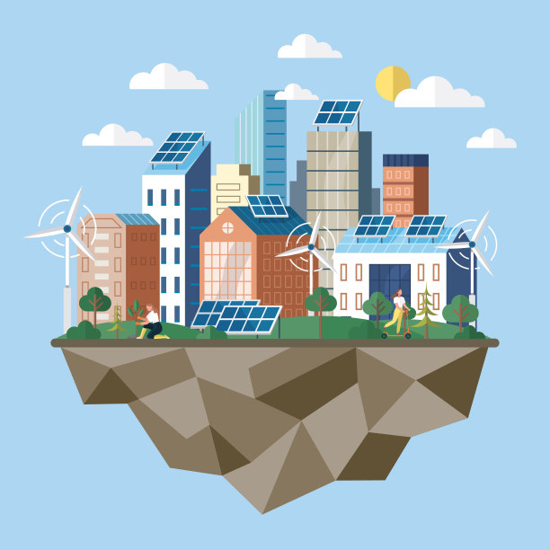 风车和装有太阳能电池板的房子。太阳能电池板城市能源充电图片下载