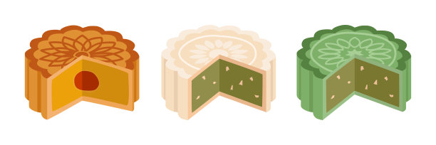 一套四分之三的月饼，有不同的口味和配料填充剪贴画。烤，糯米，抹茶绿茶口味月饼矢量设计插图。中秋节月饼图片下载