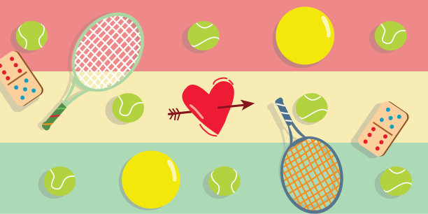 可爱向量由网球拍、网球、多米诺骨牌、黄色球和心箭组成图片下载