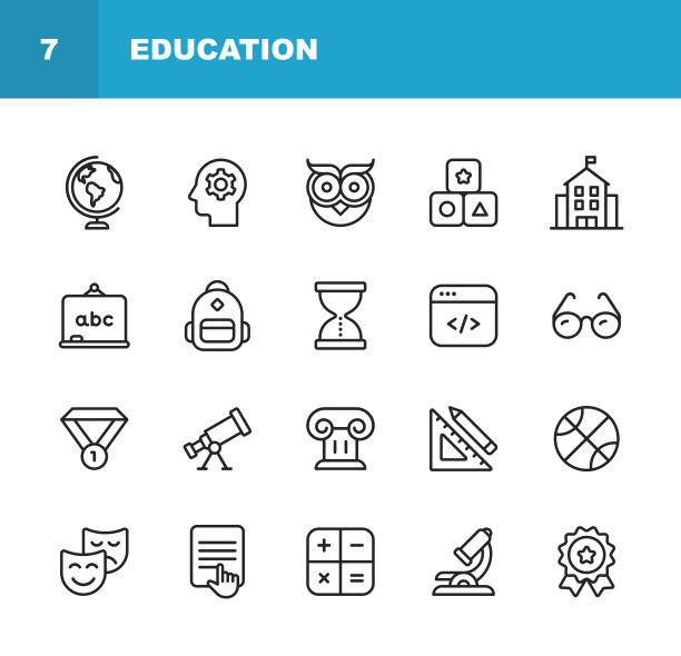 教育行图标。可编辑的中风。像素完美。移动和网络。包含学校，编程，奖励，运动，儿童教育等图标。图片下载