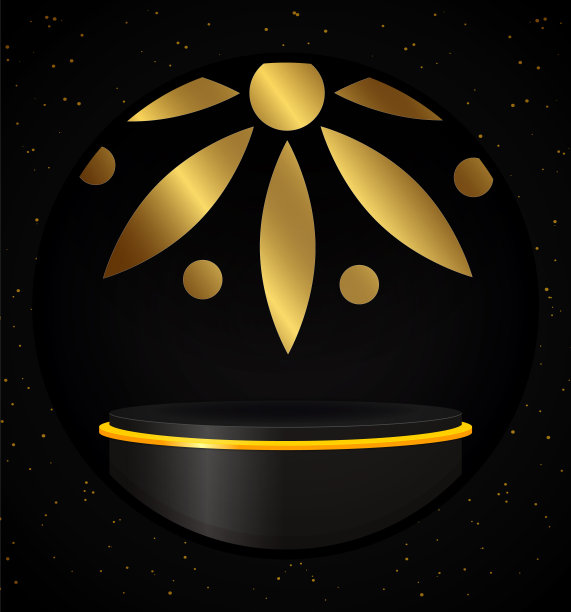 抽象的黑色背景与金色的花朵和基座讲台图片下载