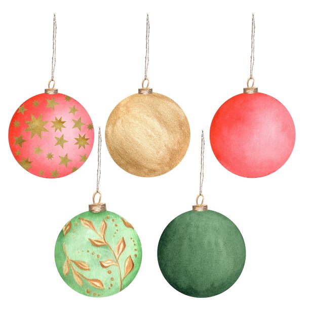 手绘水彩插图。深绿色，浅绿色和金色的玻璃球圣诞树。图片下载