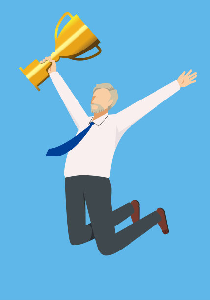 一个穿着西装的白人男性商人拿着获胜奖杯跳跃的平面插图。成功的形象，胜利的形象。图片下载