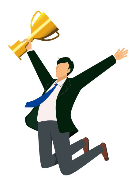一幅平面插图，一个东方男性商人穿着西装，拿着获胜的奖杯跳跃。成功的形象，胜利的形象。图片下载