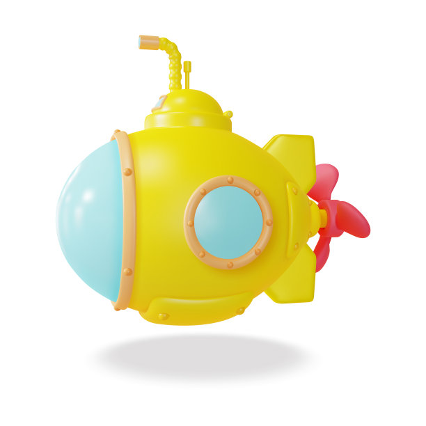 带有潜望镜卡通风格的3d黄色潜艇。向量图片下载