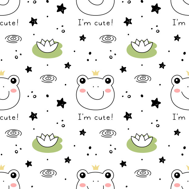 青蛙公主，王子涂鸦风格。手绘无缝图案与可爱的卡通青蛙与皇冠。矢量图图片下载