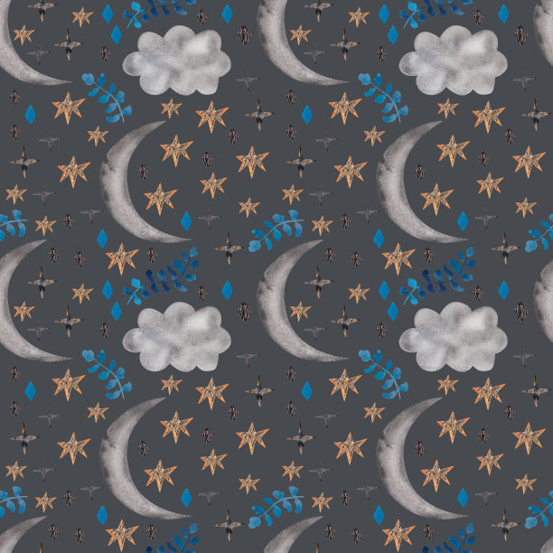 新月和星星。水彩插图。无缝模式图片下载