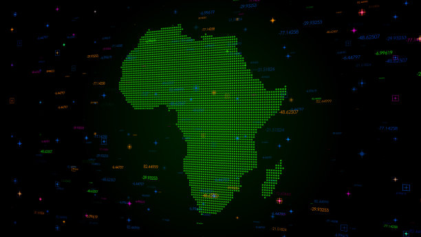 未来的绿色彩色闪亮的数字技术Hud点马赛克网格非洲地图透视视图与数字技术粒子图片下载