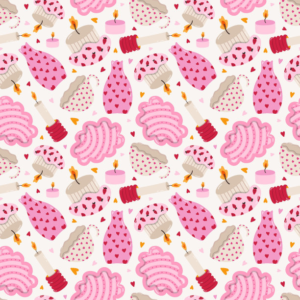 俏皮的餐具无缝图案与涂鸦在明亮的颜色。浪漫印花彩色陶器，手工陶瓷，厨房餐具，可爱的杯子和盘子，时髦的烛台。酷壁纸打印。图片下载