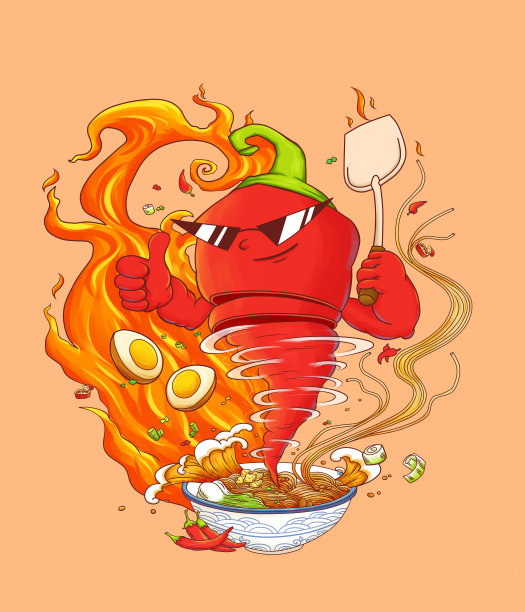 一碗辣蛋面，插画设计，拟人化的辣椒、红色主题刺激食欲图片下载