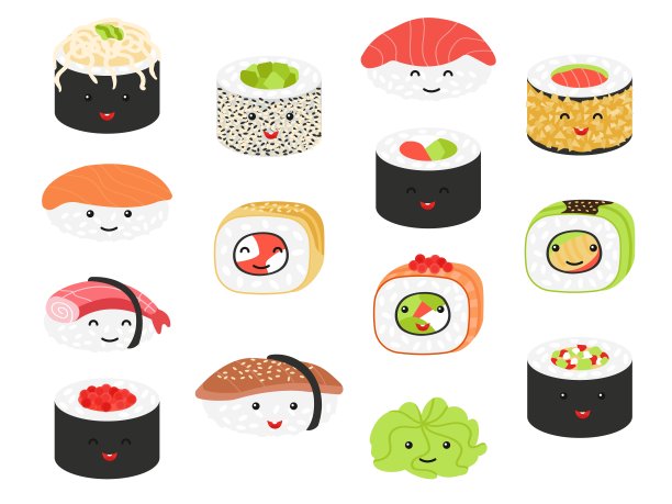 寿司人物卡哇伊风格。日本美食可爱的人物，快乐的三文鱼卷，米饭和蔬菜。亚洲美食体面矢量剪贴画图片下载