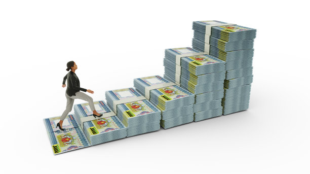 女商人爬着缅甸缅币做成的楼梯。3D渲染的钱安排在一个金融增长图形图标的形状。业务增长概念图片下载