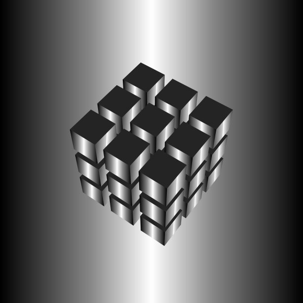 3x3x3 = 27个立体立方体的俯视图，有不同的面，有间隙和透视。金属反射。图片下载