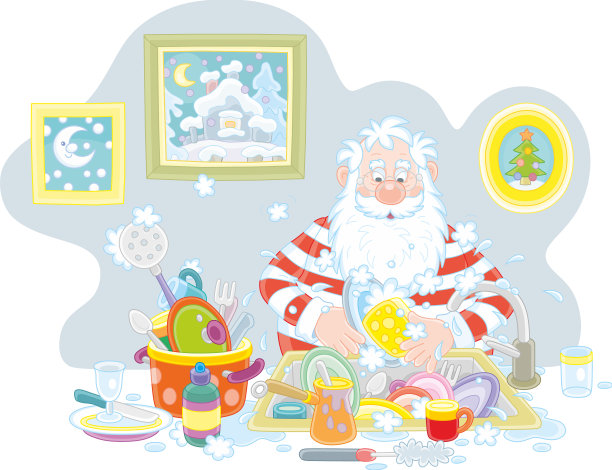 圣诞老人晚饭后洗盘子图片下载