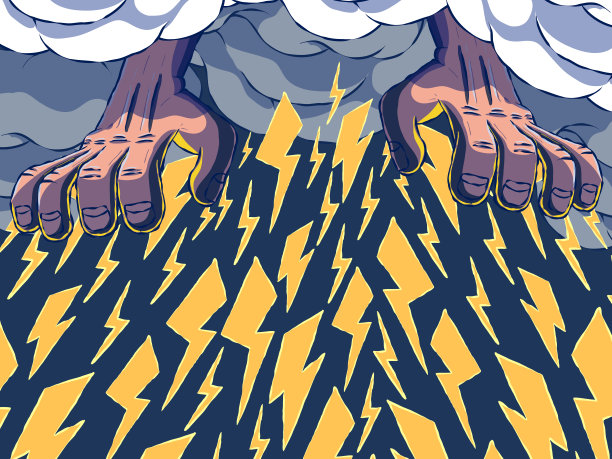 手绘卡通插图-手从天空伸出。手把闪电。图片下载