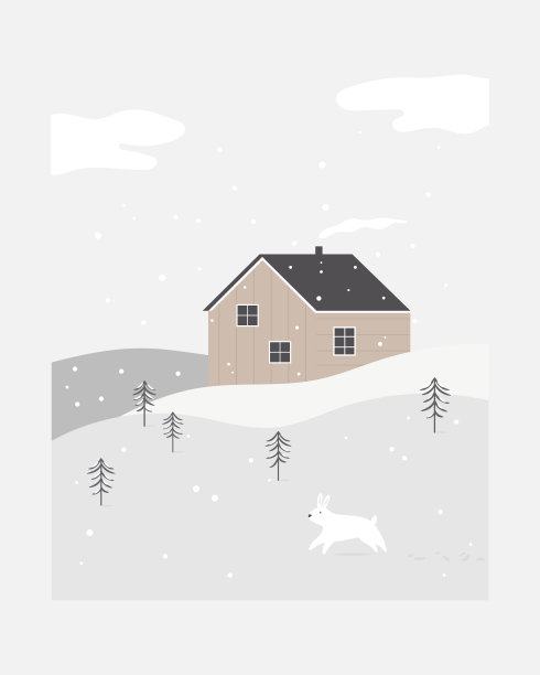 矢量假日插图一个冬天的场景，孤独的站立的房子，山和兔子图片下载