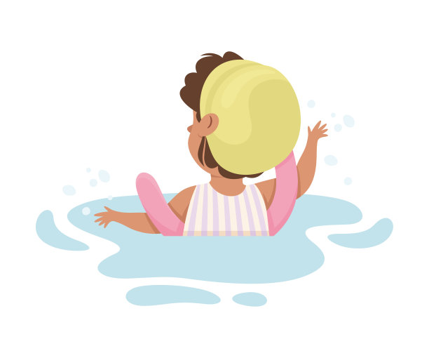快乐的女孩在游泳池戴着帽子在水中与面条矢量插图图片下载