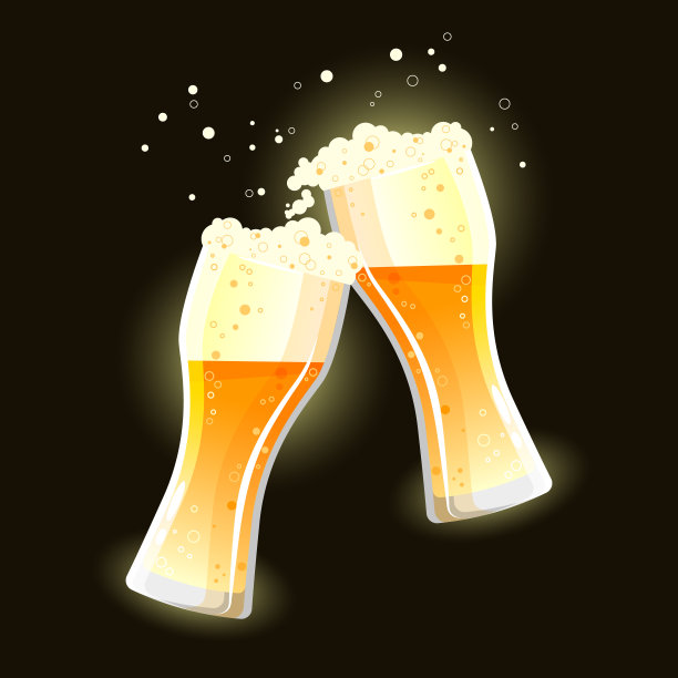 两个叮当作响的杯子，盛着金黄色泡沫的啤酒图片下载