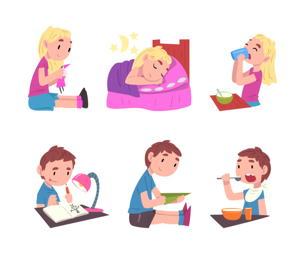 可爱的男孩和女孩的日常生活设置。小孩子在日常活动卡通矢量插图图片下载