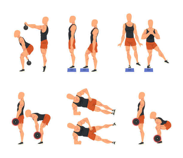 在健身房里做运动的运动员。男运动员人物做体育锻炼卡通矢量插图图片下载