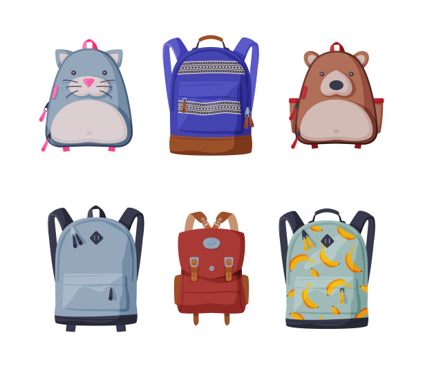 一套幼稚的学校背包和书包卡通矢量插图图片下载