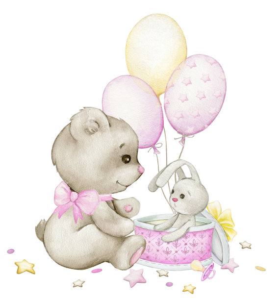 可爱的泰迪熊系着粉红色的蝴蝶结，气球，礼盒里的小兔子。在卡通风格的水彩假日剪贴画，在一个孤立的背景。图片下载