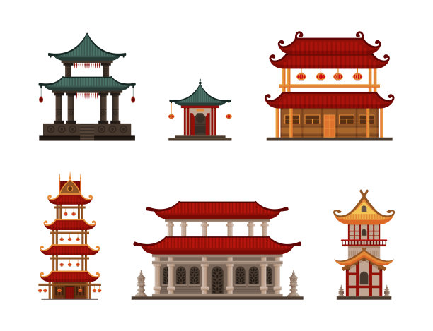 亚洲传统建筑集。古老的寺庙，宝塔或神社卡通矢量插图图片下载