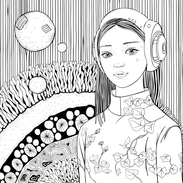 可爱的机器人女孩。女宇航员。亚洲女孩。Zentangle背景。黑白涂鸦涂色书页为成人和儿童。图片下载