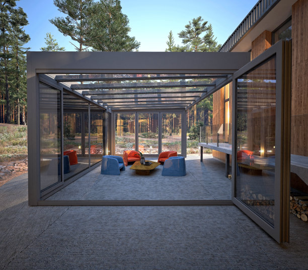 现代凉棚阳光房系统，户外生活。3d渲染图片下载