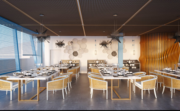 自助餐厅和餐厅的3D渲染图片下载