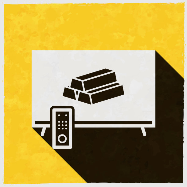 有金条的电视。图标与长阴影的纹理黄色背景图片下载