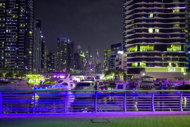 阿联酋迪拜码头夜景：摩天大楼和运河图片下载