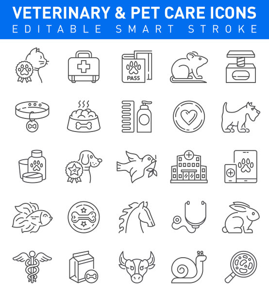宠物护理和兽医图标。可编辑的中风集合图片下载