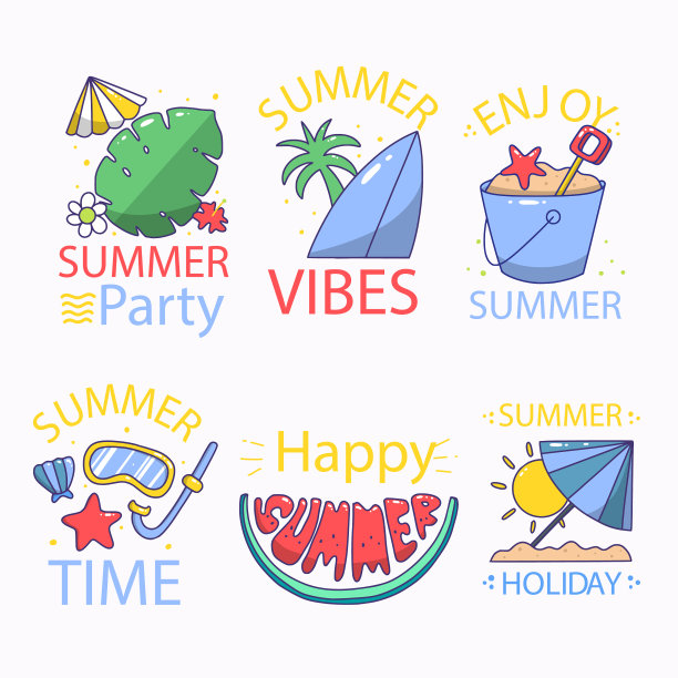 一套可爱的夏季图标明亮的夏季海报图片下载
