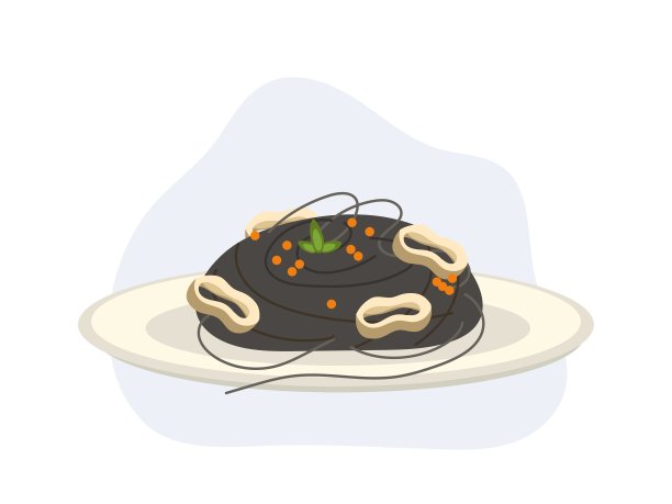 鱿鱼墨汁意大利面有鱿鱼圈的意大利面，撒上虾蛋或tobiko。意大利海鲜。平面矢量卡通插图图片下载