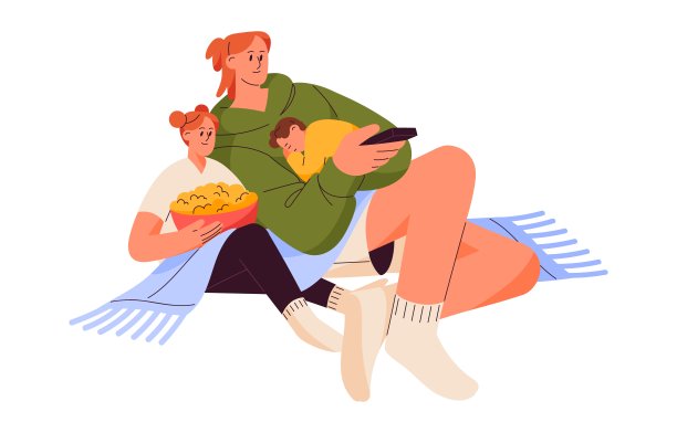 妈妈和孩子一起看电视、看电影休闲，周末。家人，妈妈和孩子一起吃着爆米花，坐在电视机前放松。平面图形矢量插图孤立在白色背景上图片下载