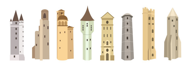 一套石塔卡通风格。矢量插图的历史，童话或幻想中世纪建筑在白色背景。图片下载