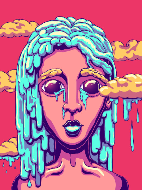 手绘卡通插图-水发女孩。图片下载