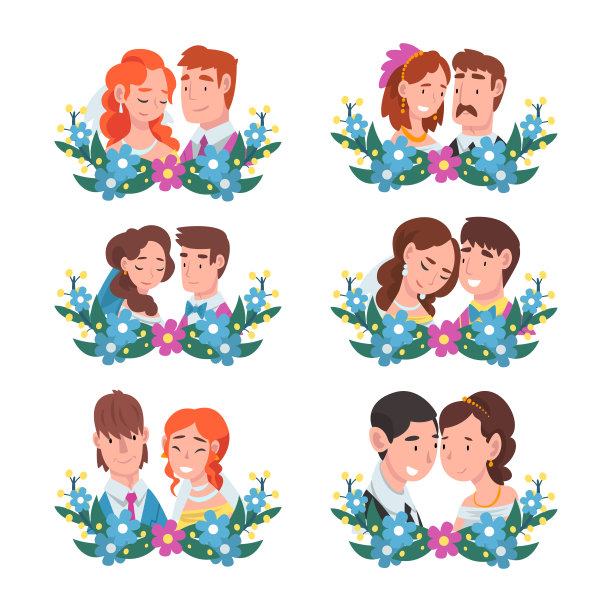 一套幸福浪漫的新娘和新郎的肖像在花圈卡通矢量插图图片下载