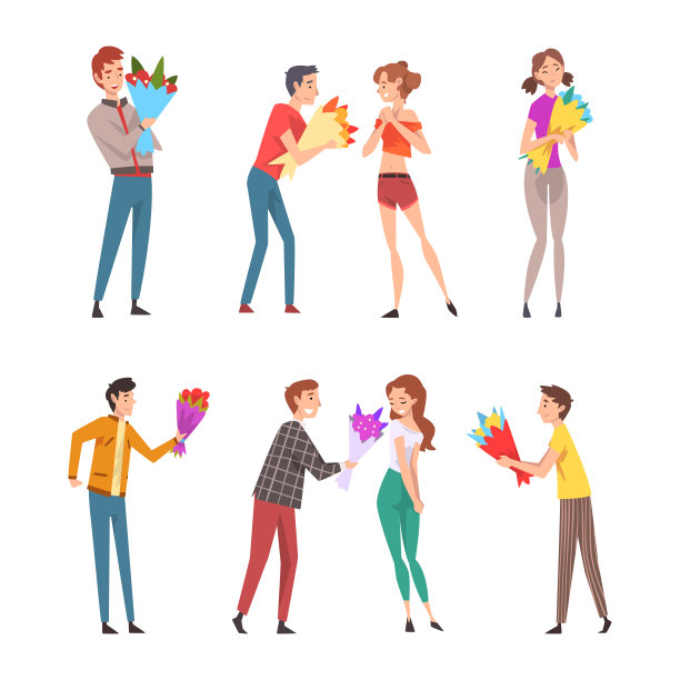 男人给女人一束花。浪漫的情侣有日期卡通矢量插图图片下载